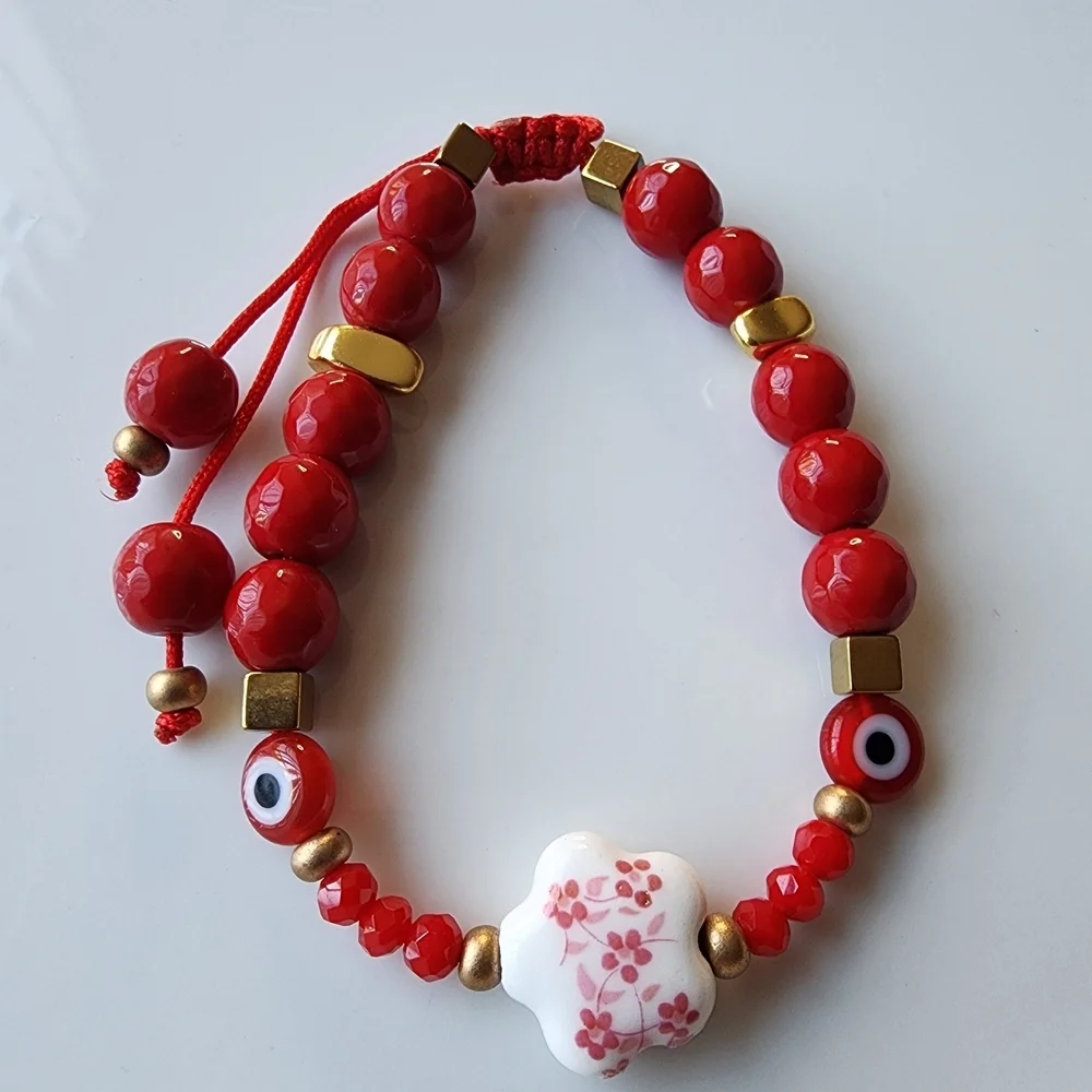 Red Beaded Bracelet with Floral Charm - Picture 3 of 4
